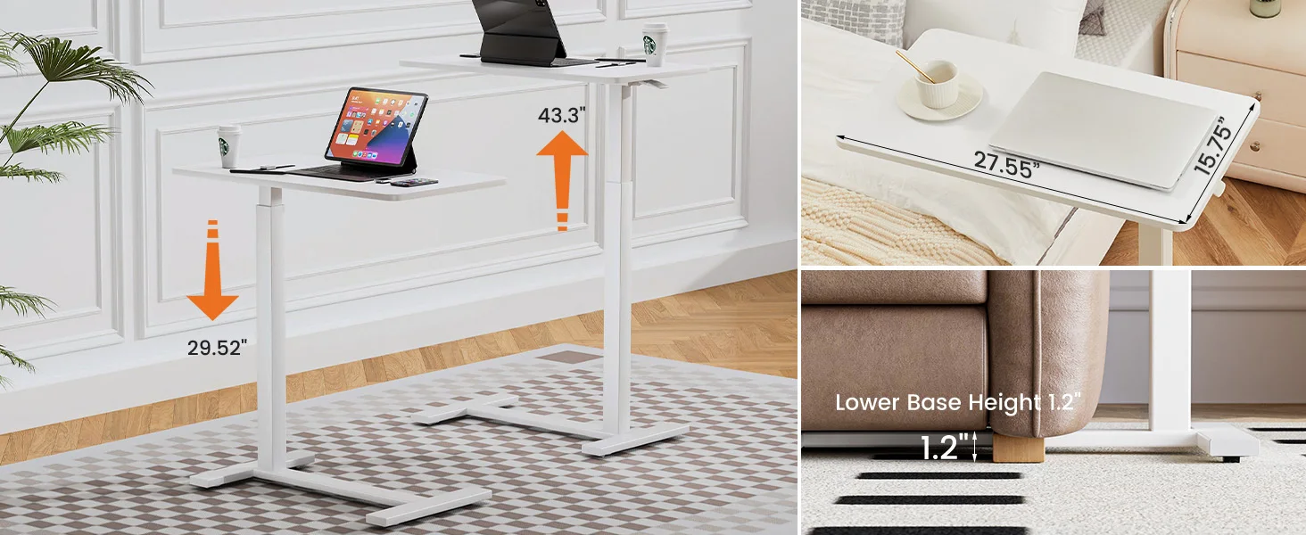 JHK Overbed Bedside Sofa Table with Hidden Wheels Adjustable Height Home Use Bed Table Laptop Mobile Standing Desk For Bedroom
