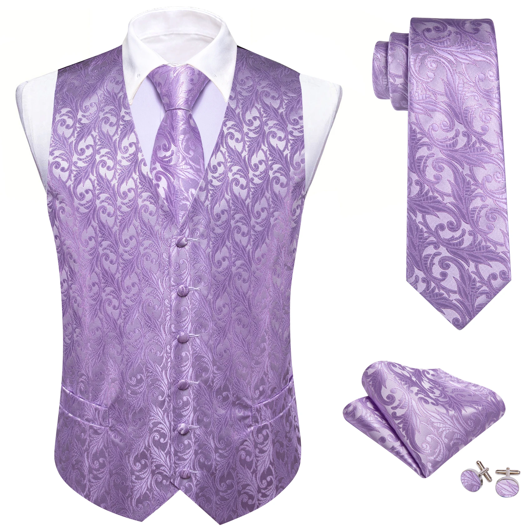 Lilac Purple Violet Lavender Silk Men Vest Tie Hanky Cufflinks Set Woven Waistcoat Sleeveless Jacket Wedding Business Barry.Wang