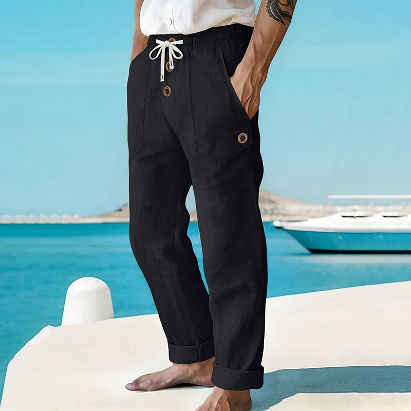 Men's Linen Drawstring Pants Casual Button Detail Elastic Waist Breathable Beach Vacation Daily Wear Straight Leg Trousers for M