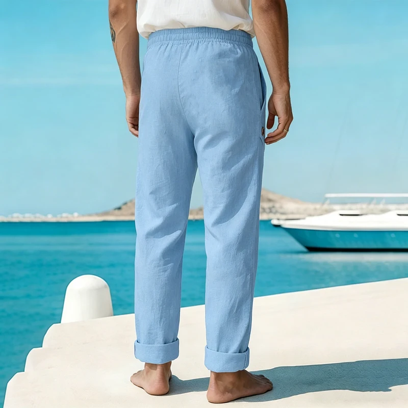 Men's Linen Drawstring Pants Casual Button Detail Elastic Waist Breathable Beach Vacation Daily Wear Straight Leg Trousers for M