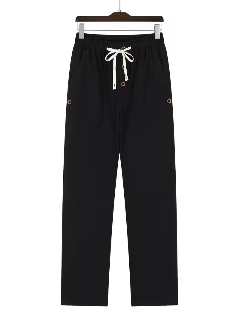 Men's Linen Drawstring Pants Casual Button Detail Elastic Waist Breathable Beach Vacation Daily Wear Straight Leg Trousers for M