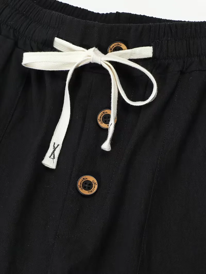 Men's Linen Drawstring Pants Casual Button Detail Elastic Waist Breathable Beach Vacation Daily Wear Straight Leg Trousers for M