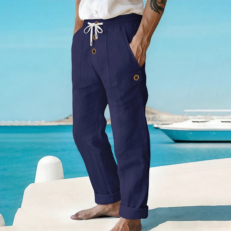 Men's Linen Drawstring Pants Casual Button Detail Elastic Waist Breathable Beach Vacation Daily Wear Straight Leg Trousers for M