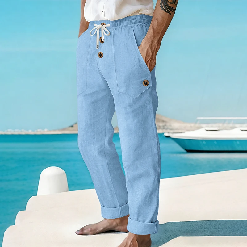 Men's Linen Drawstring Pants Casual Button Detail Elastic Waist Breathable Beach Vacation Daily Wear Straight Leg Trousers for M