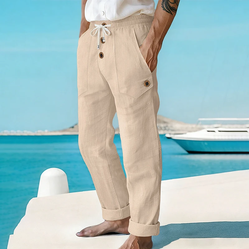 Men's Linen Drawstring Pants Casual Button Detail Elastic Waist Breathable Beach Vacation Daily Wear Straight Leg Trousers for M