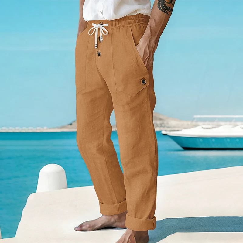 Men's Linen Drawstring Pants Casual Button Detail Elastic Waist Breathable Beach Vacation Daily Wear Straight Leg Trousers for M