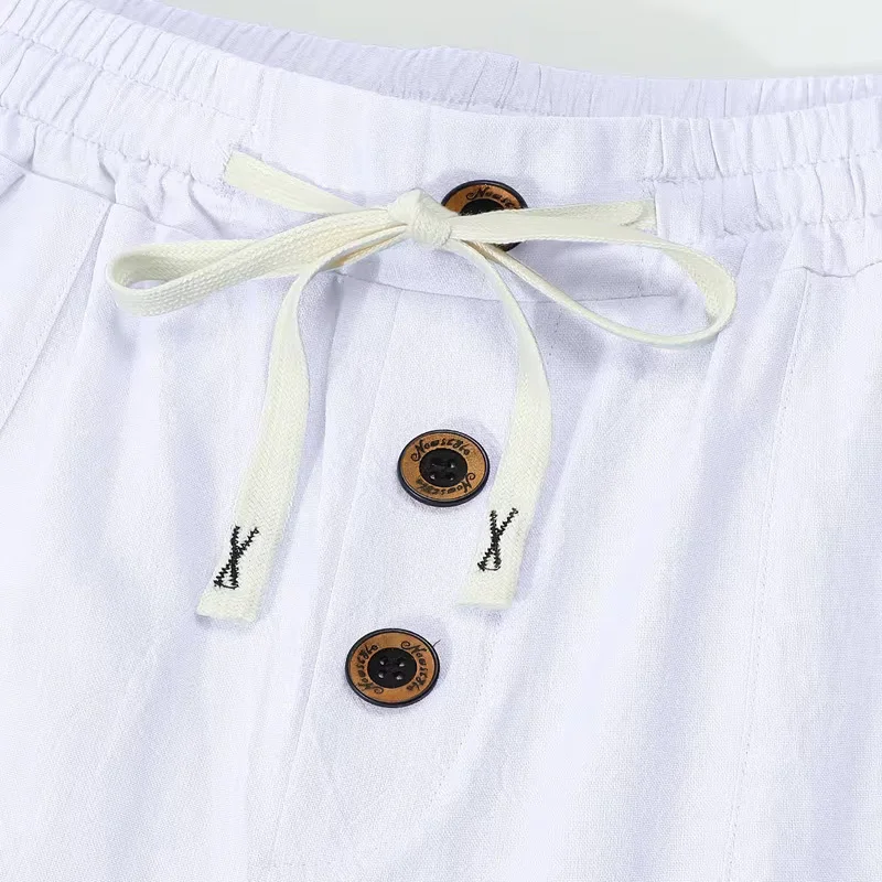 Men's Linen Drawstring Pants Casual Button Detail Elastic Waist Breathable Beach Vacation Daily Wear Straight Leg Trousers for M