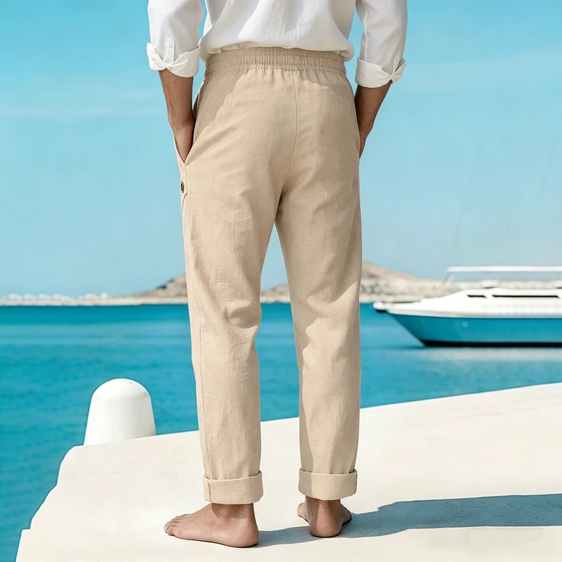 Men's Linen Drawstring Pants Casual Button Detail Elastic Waist Breathable Beach Vacation Daily Wear Straight Leg Trousers for M