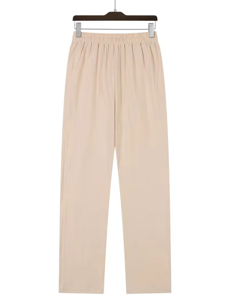 Men's Linen Drawstring Pants Casual Button Detail Elastic Waist Breathable Beach Vacation Daily Wear Straight Leg Trousers for M