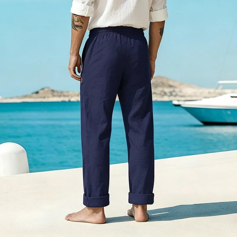 Men's Linen Drawstring Pants Casual Button Detail Elastic Waist Breathable Beach Vacation Daily Wear Straight Leg Trousers for M