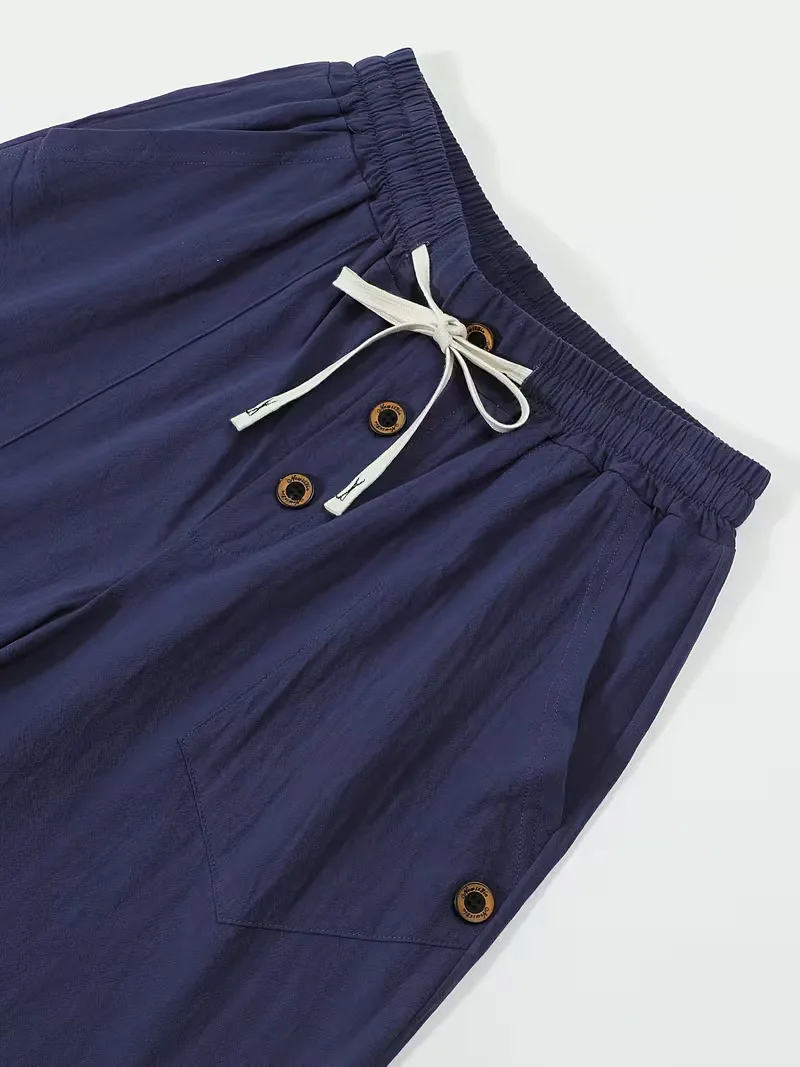 Men's Linen Drawstring Pants Casual Button Detail Elastic Waist Breathable Beach Vacation Daily Wear Straight Leg Trousers for M