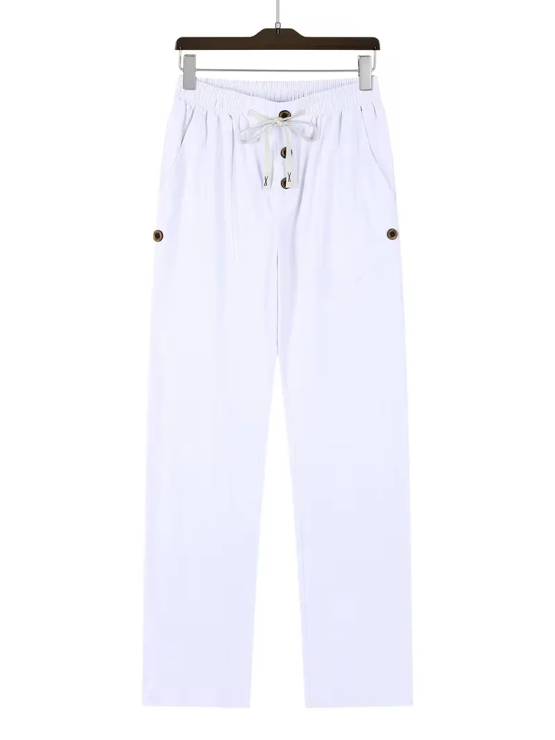 Men's Linen Drawstring Pants Casual Button Detail Elastic Waist Breathable Beach Vacation Daily Wear Straight Leg Trousers for M