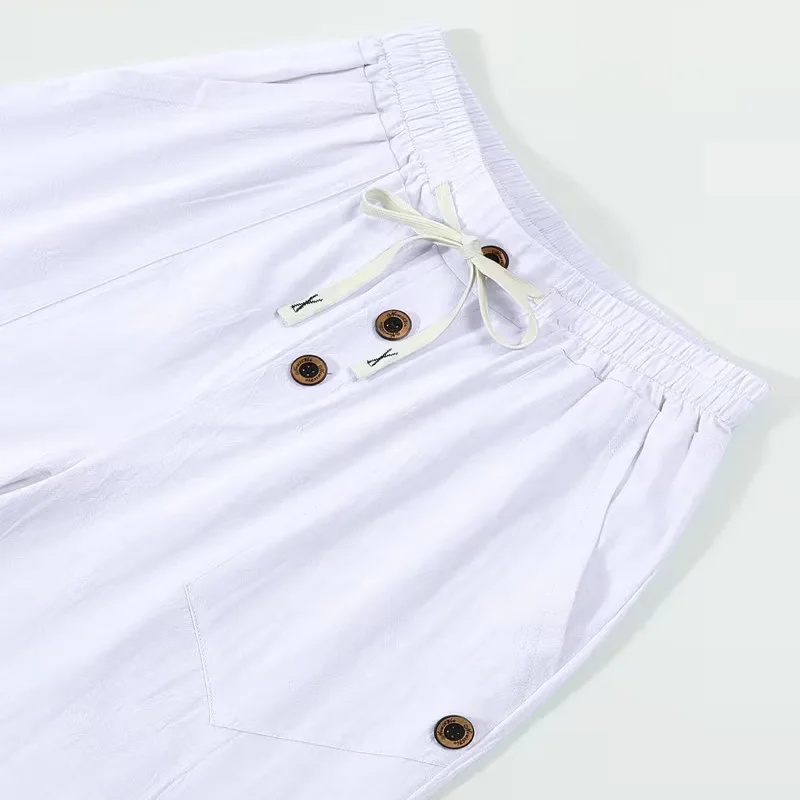 Men's Linen Drawstring Pants Casual Button Detail Elastic Waist Breathable Beach Vacation Daily Wear Straight Leg Trousers for M