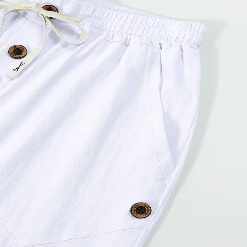 Men's Linen Drawstring Pants Casual Button Detail Elastic Waist Breathable Beach Vacation Daily Wear Straight Leg Trousers for M