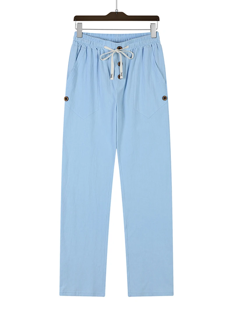 Men's Linen Drawstring Pants Casual Button Detail Elastic Waist Breathable Beach Vacation Daily Wear Straight Leg Trousers for M