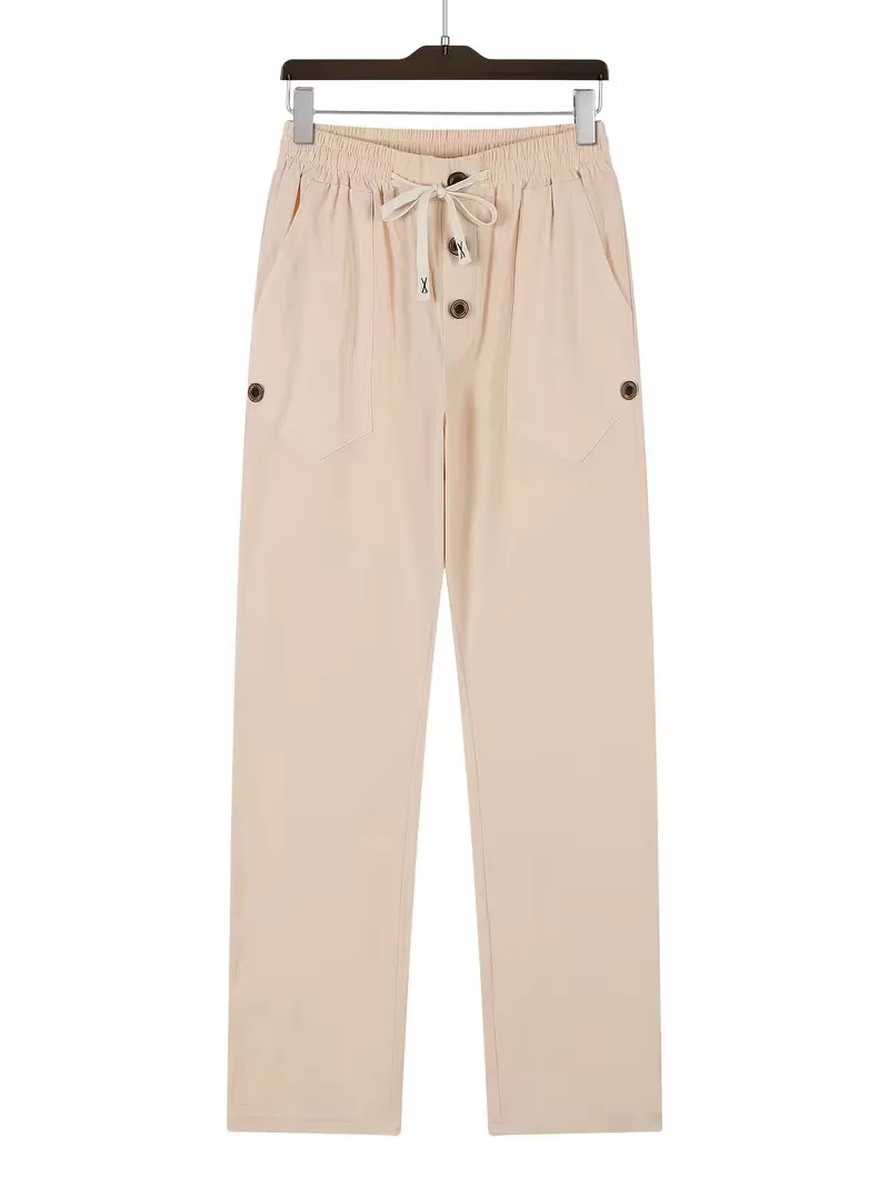 Men's Linen Drawstring Pants Casual Button Detail Elastic Waist Breathable Beach Vacation Daily Wear Straight Leg Trousers for M