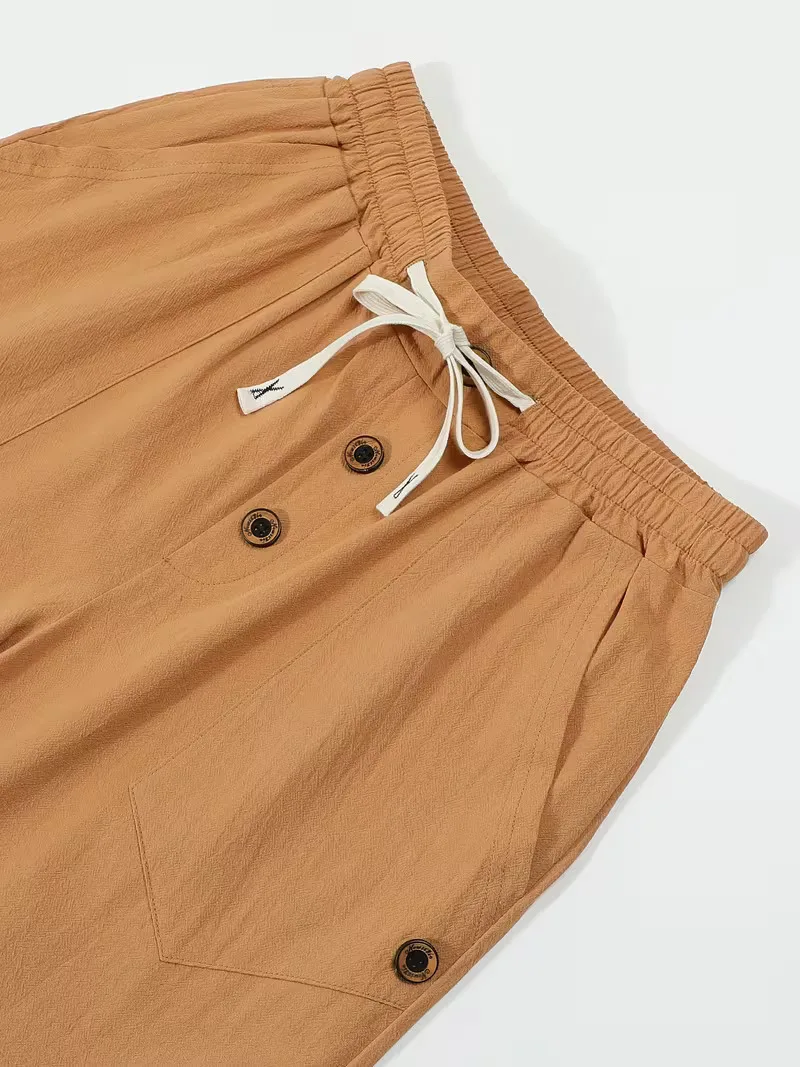Men's Linen Drawstring Pants Casual Button Detail Elastic Waist Breathable Beach Vacation Daily Wear Straight Leg Trousers for M