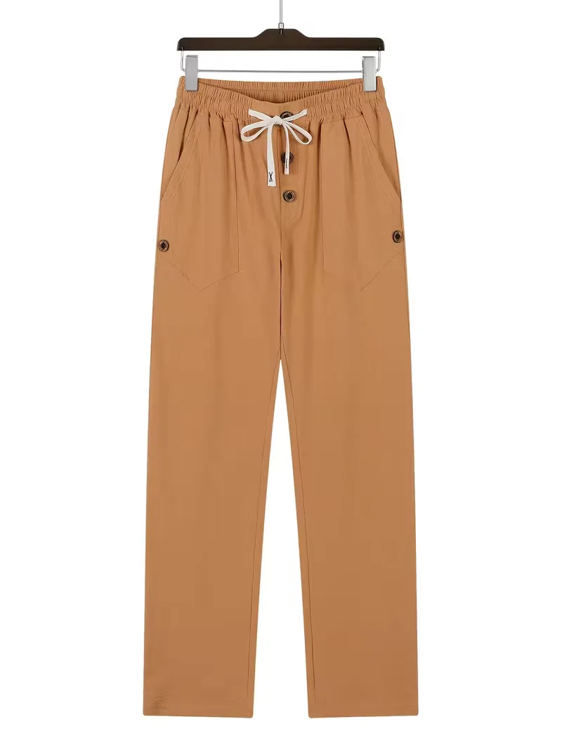 Men's Linen Drawstring Pants Casual Button Detail Elastic Waist Breathable Beach Vacation Daily Wear Straight Leg Trousers for M