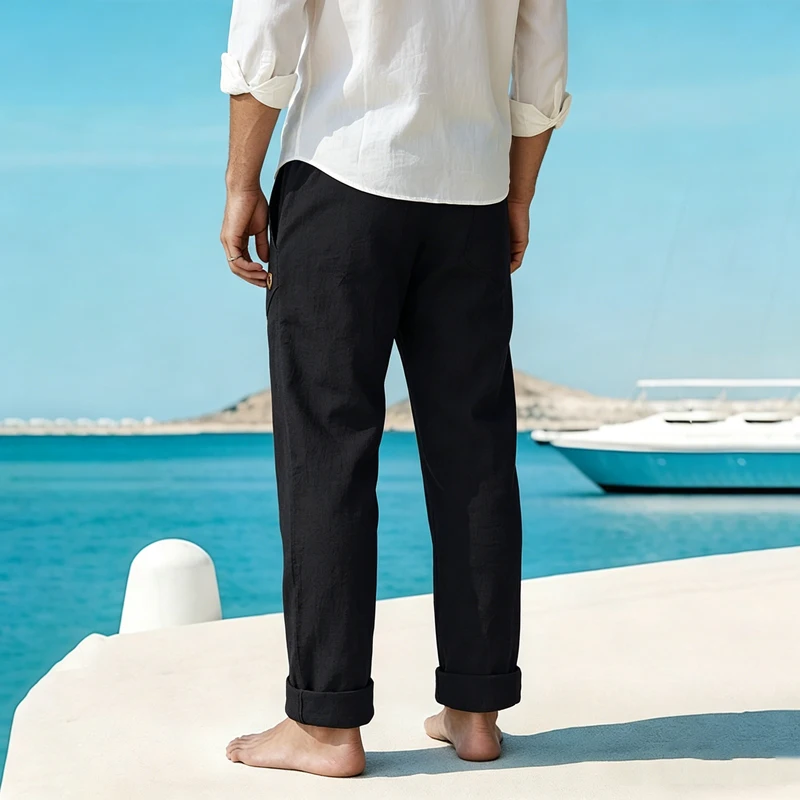 Men's Linen Drawstring Pants Casual Button Detail Elastic Waist Breathable Beach Vacation Daily Wear Straight Leg Trousers for M