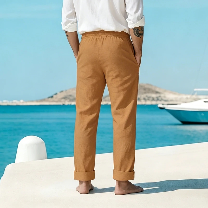 Men's Linen Drawstring Pants Casual Button Detail Elastic Waist Breathable Beach Vacation Daily Wear Straight Leg Trousers for M