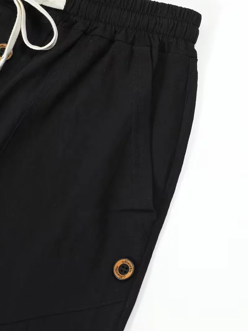 Men's Linen Drawstring Pants Casual Button Detail Elastic Waist Breathable Beach Vacation Daily Wear Straight Leg Trousers for M