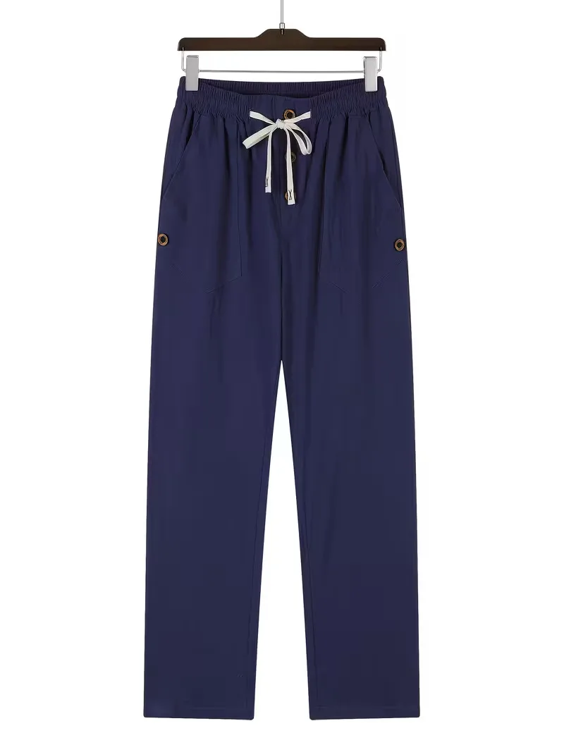 Men's Linen Drawstring Pants Casual Button Detail Elastic Waist Breathable Beach Vacation Daily Wear Straight Leg Trousers for M