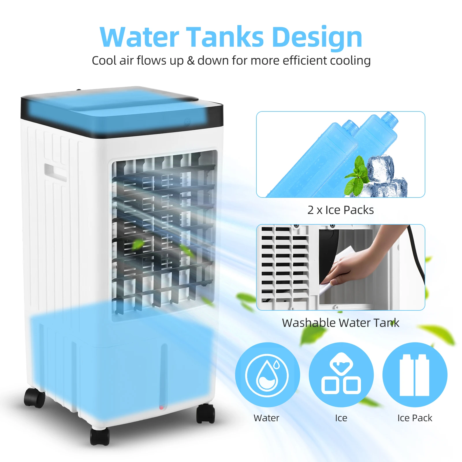 Evaporative Air Cooler 100° Oscillation Swamp Cooler with Remote Control / 2 Ice Boxes / 2.11 Gal Water Tank 1-7H Timer