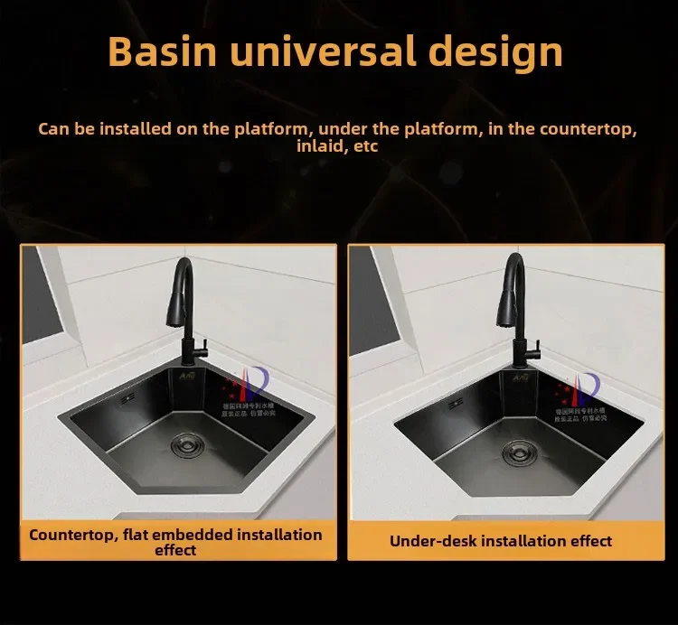 Black gold steel nano handmade corner sink kitchen corner vegetable basin special-shaped sink under the counter sink