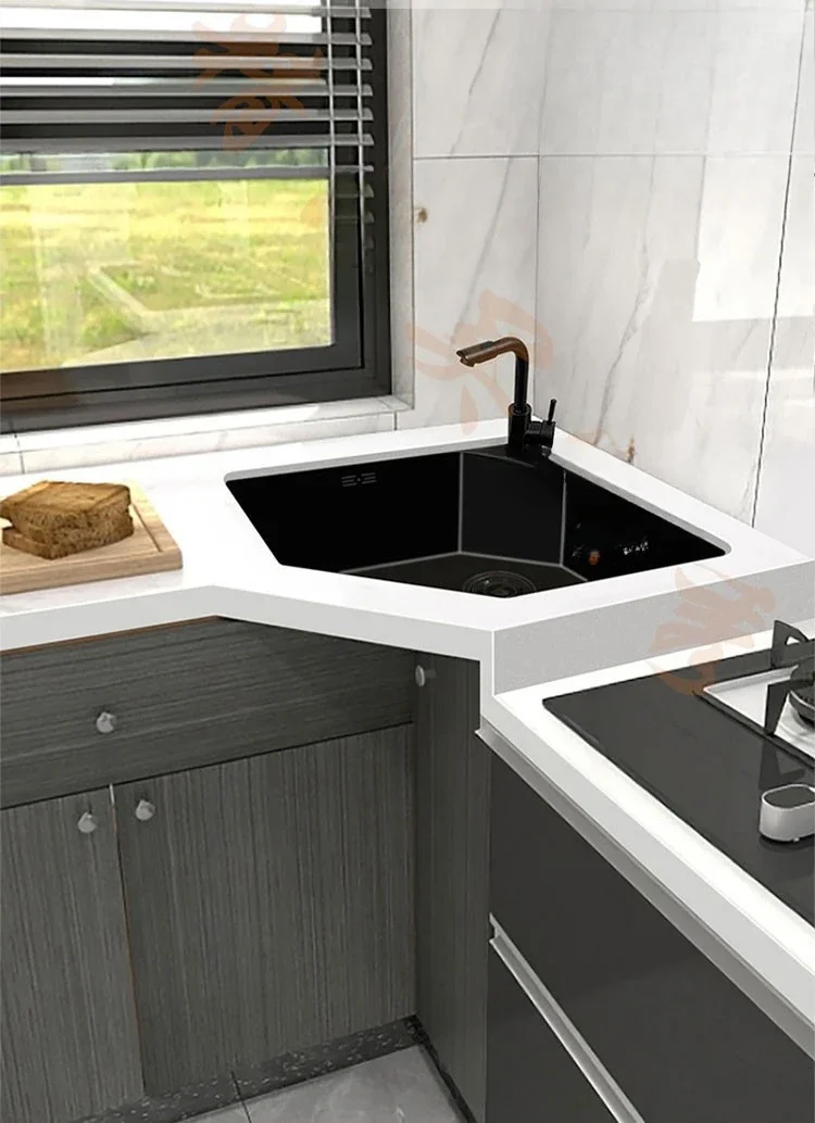 Black gold steel nano handmade corner sink kitchen corner vegetable basin special-shaped sink under the counter sink