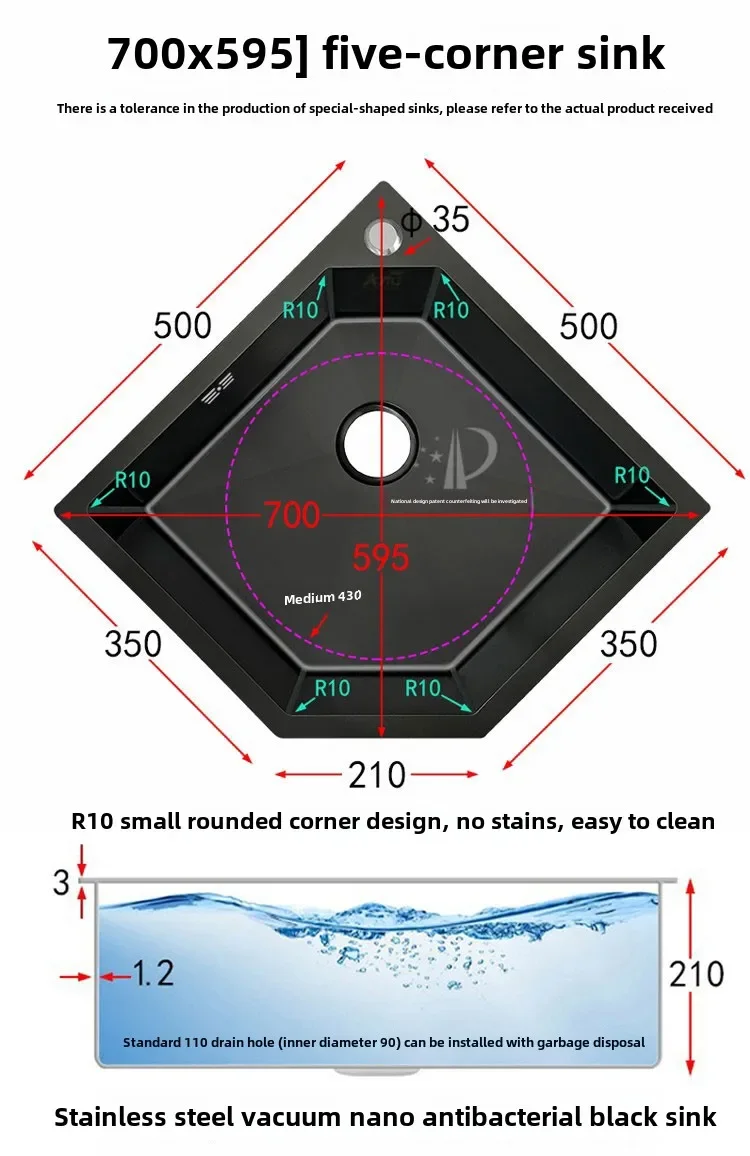 Black gold steel nano handmade corner sink kitchen corner vegetable basin special-shaped sink under the counter sink