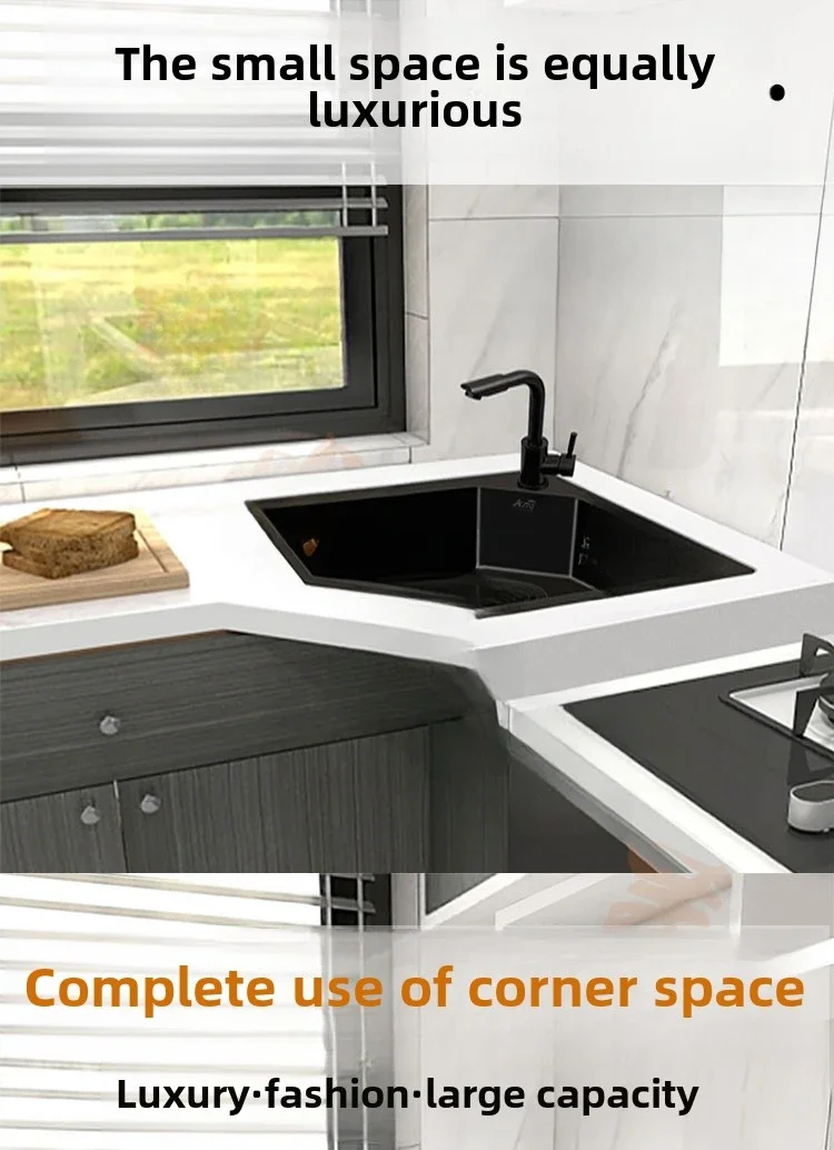 Black gold steel nano handmade corner sink kitchen corner vegetable basin special-shaped sink under the counter sink