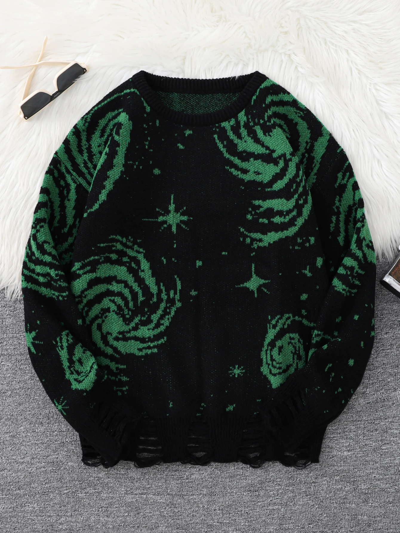 New Trendy Street Style Ripped Abstract Starry Sky Pattern Pullover Sweater Casual Crew Neck Knit Men's Pullover