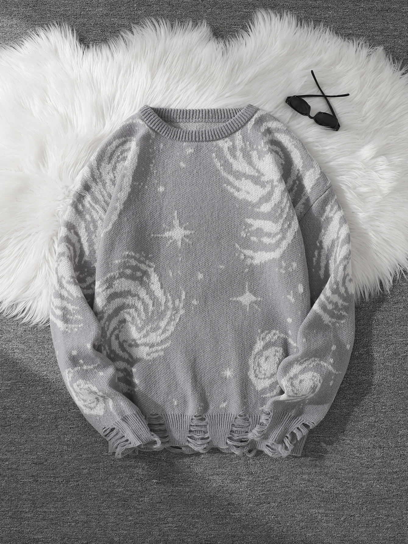 New Trendy Street Style Ripped Abstract Starry Sky Pattern Pullover Sweater Casual Crew Neck Knit Men's Pullover
