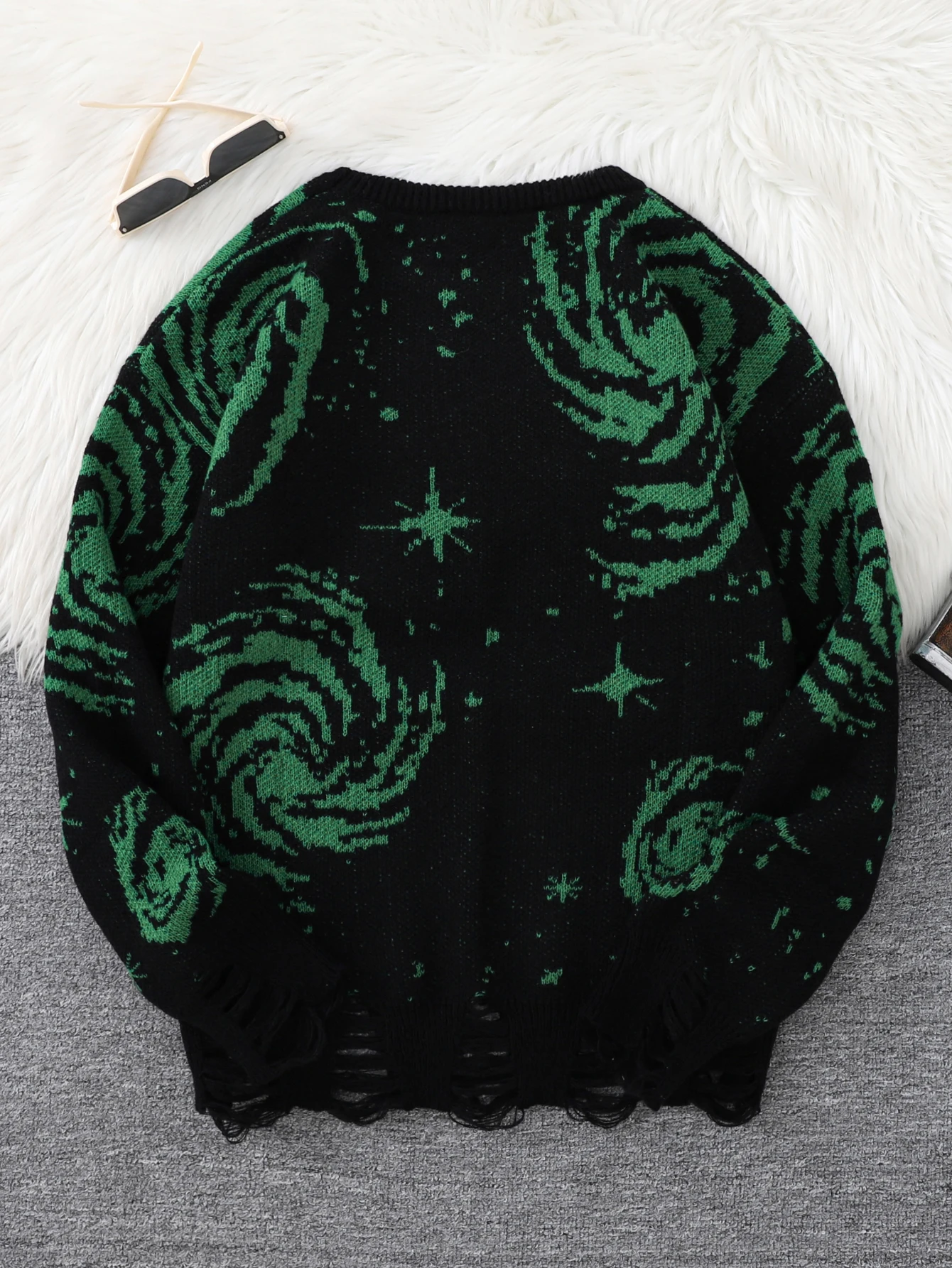 New Trendy Street Style Ripped Abstract Starry Sky Pattern Pullover Sweater Casual Crew Neck Knit Men's Pullover