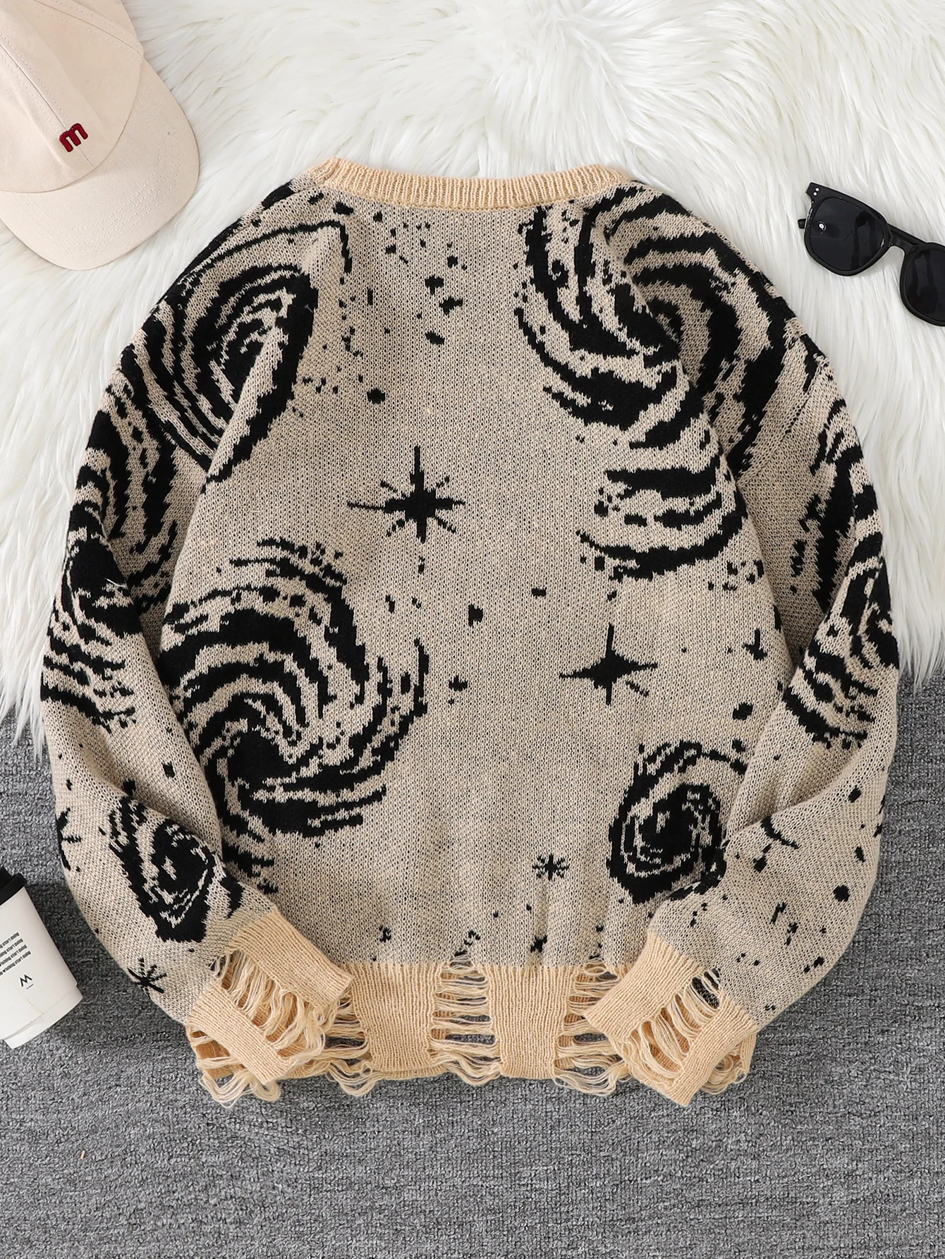 New Trendy Street Style Ripped Abstract Starry Sky Pattern Pullover Sweater Casual Crew Neck Knit Men's Pullover