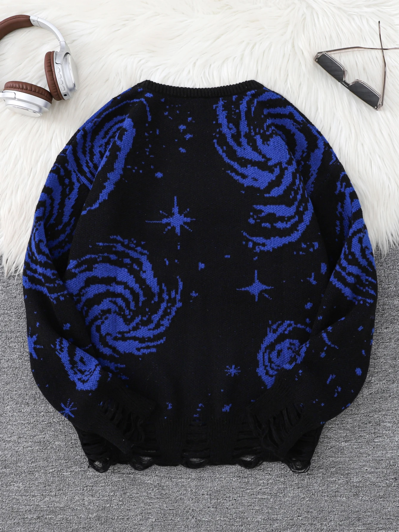 New Trendy Street Style Ripped Abstract Starry Sky Pattern Pullover Sweater Casual Crew Neck Knit Men's Pullover