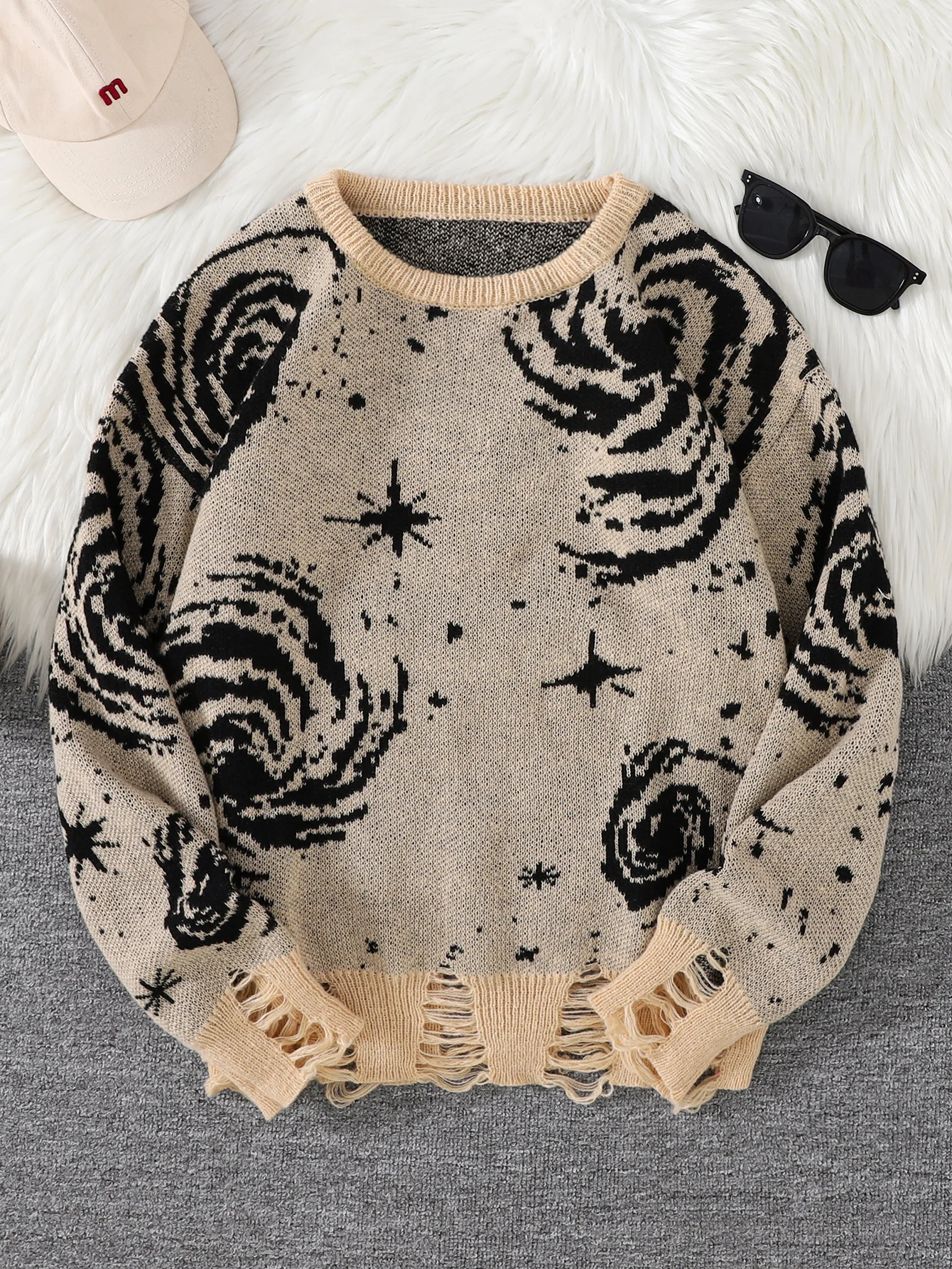 New Trendy Street Style Ripped Abstract Starry Sky Pattern Pullover Sweater Casual Crew Neck Knit Men's Pullover