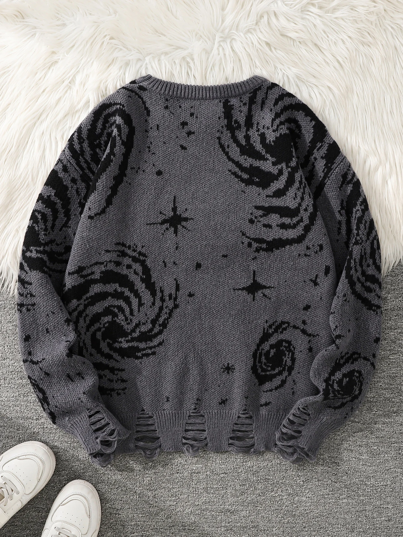 New Trendy Street Style Ripped Abstract Starry Sky Pattern Pullover Sweater Casual Crew Neck Knit Men's Pullover