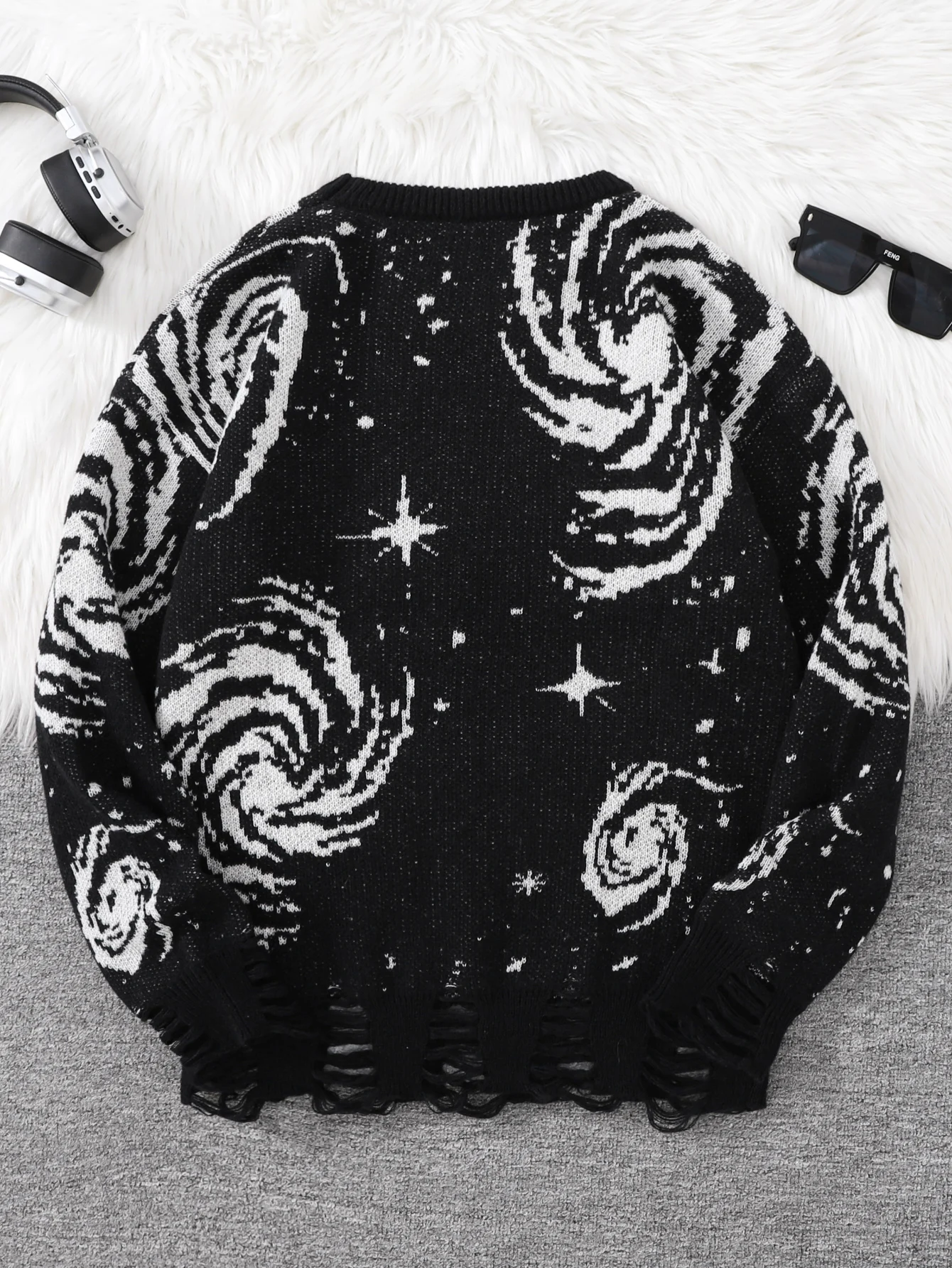 New Trendy Street Style Ripped Abstract Starry Sky Pattern Pullover Sweater Casual Crew Neck Knit Men's Pullover