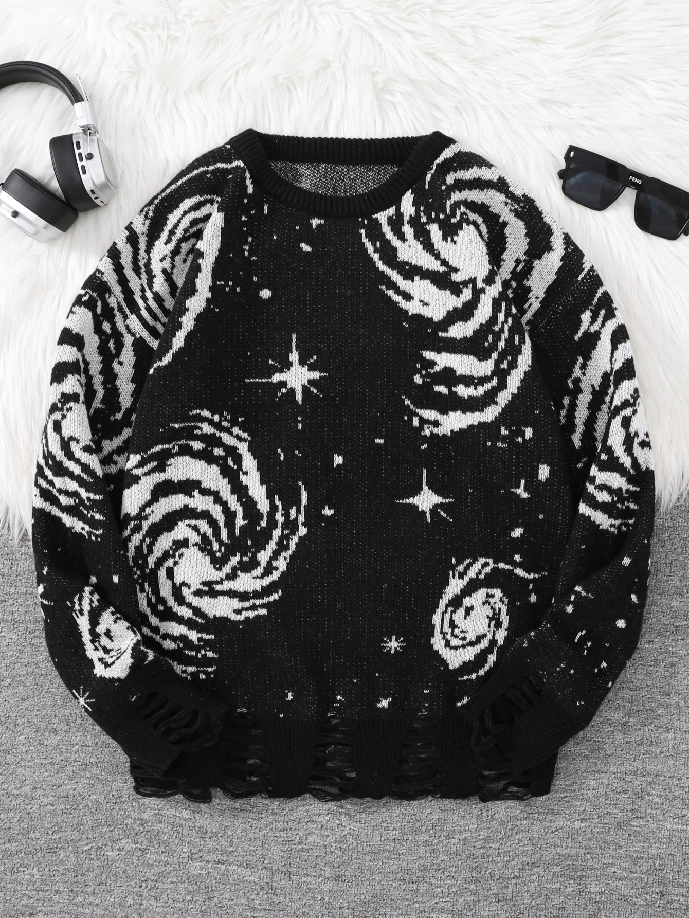 New Trendy Street Style Ripped Abstract Starry Sky Pattern Pullover Sweater Casual Crew Neck Knit Men's Pullover