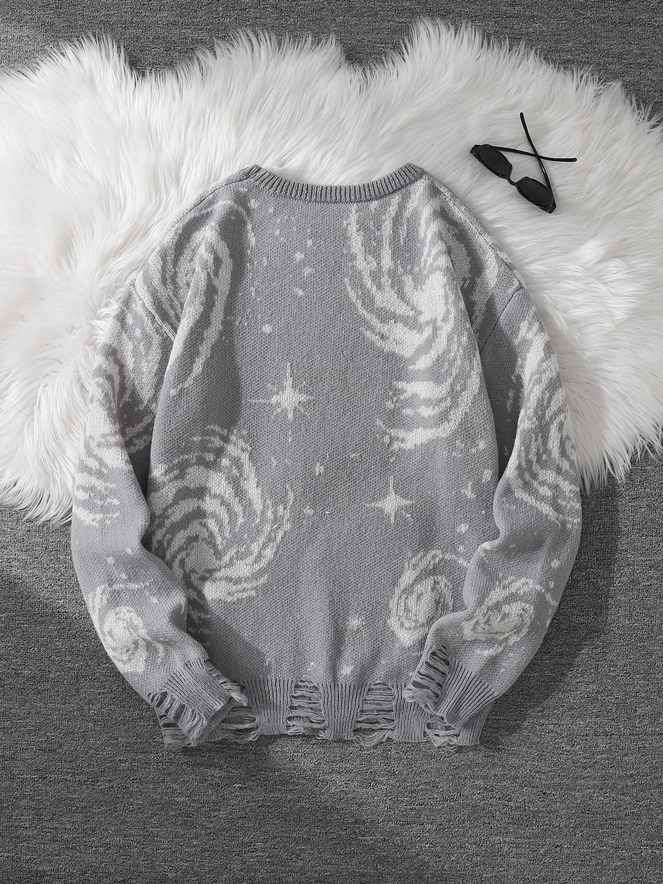 New Trendy Street Style Ripped Abstract Starry Sky Pattern Pullover Sweater Casual Crew Neck Knit Men's Pullover