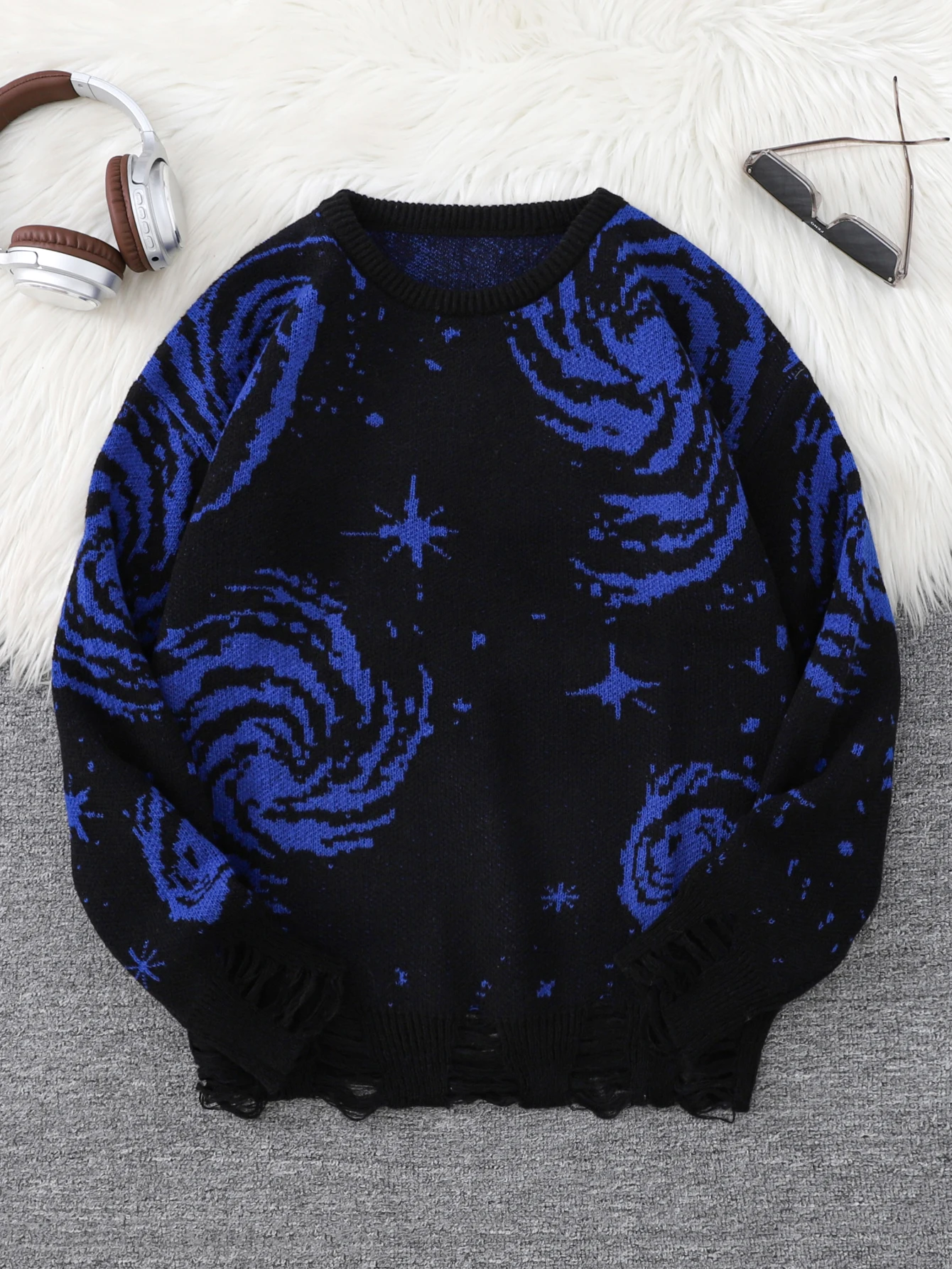 New Trendy Street Style Ripped Abstract Starry Sky Pattern Pullover Sweater Casual Crew Neck Knit Men's Pullover
