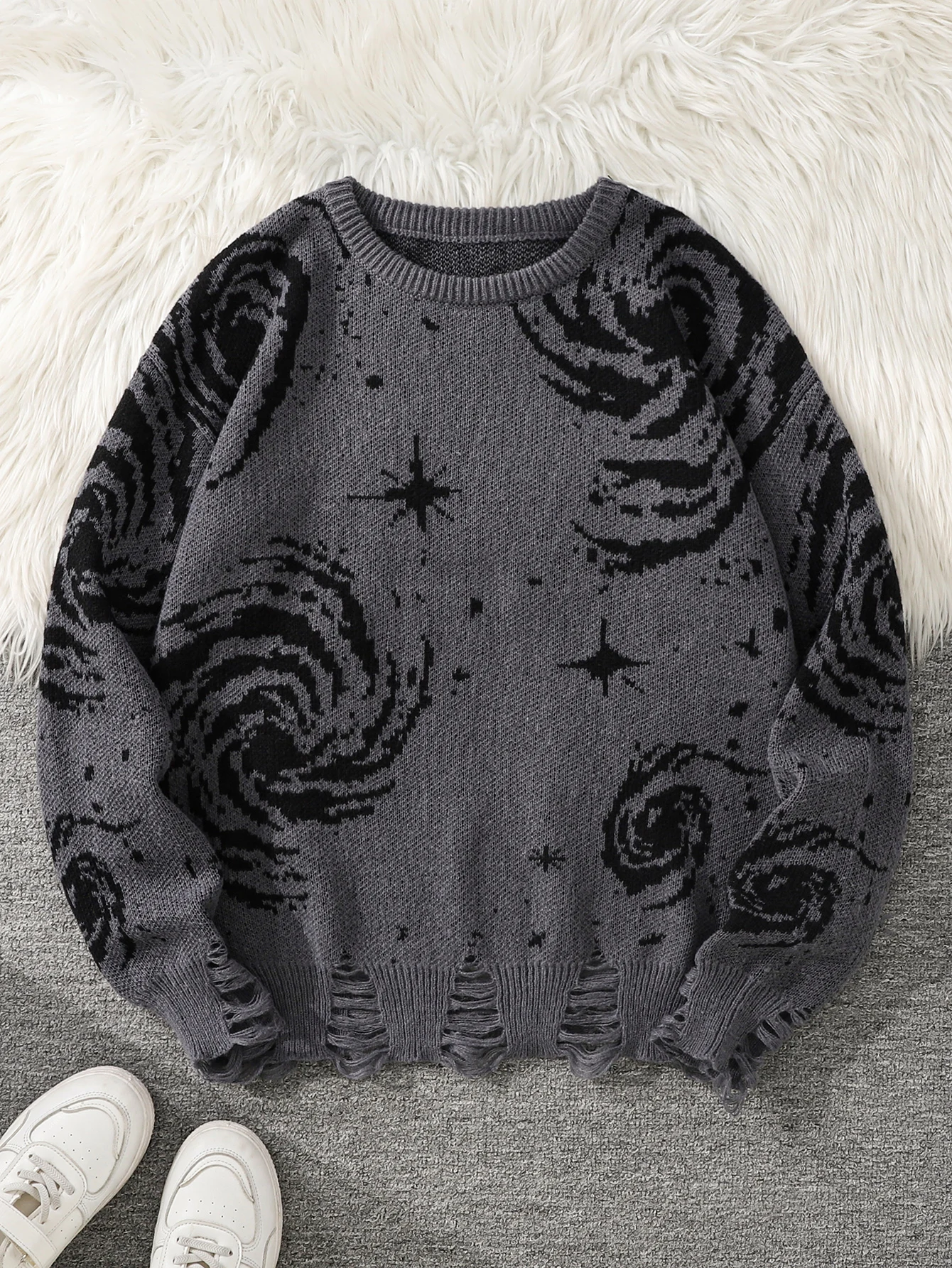 New Trendy Street Style Ripped Abstract Starry Sky Pattern Pullover Sweater Casual Crew Neck Knit Men's Pullover