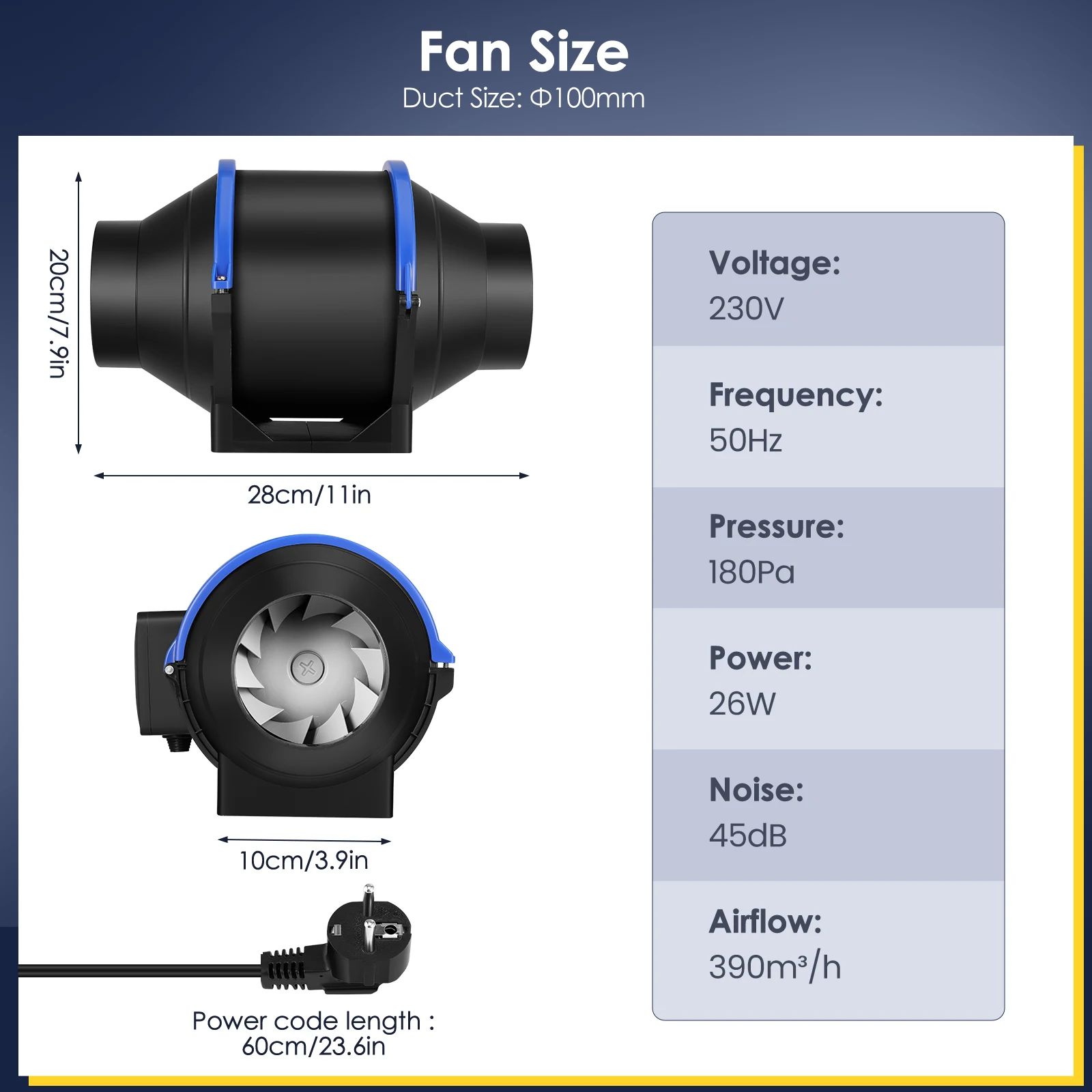 4/6 inch Inline Pipe Fan Duct Fan 100/150mm Variable Speed Air Ventilation Extractor Duct Fan for Kitchen,Bathroom,Toilet,Wall