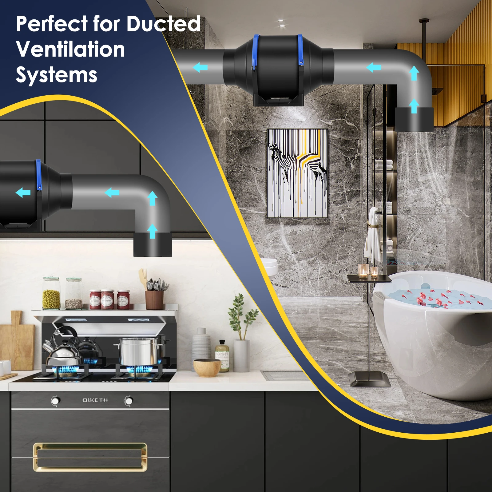 4/6 inch Inline Pipe Fan Duct Fan 100/150mm Variable Speed Air Ventilation Extractor Duct Fan for Kitchen,Bathroom,Toilet,Wall