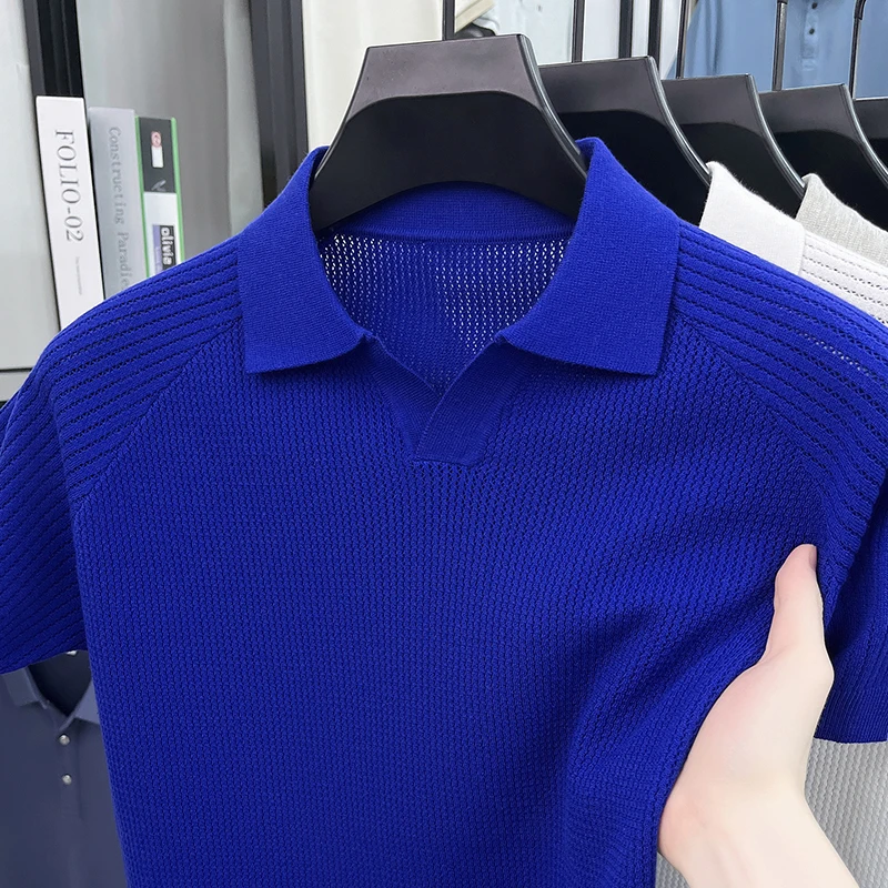 Flip Collar Seagull Collar Vintage Style Polo Shirt Men's Short Sleeved Knitted Breathable Summer Casual Versatile Top