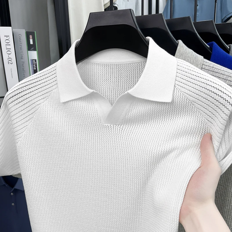 Flip Collar Seagull Collar Vintage Style Polo Shirt Men's Short Sleeved Knitted Breathable Summer Casual Versatile Top