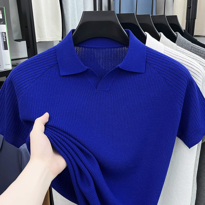 Flip Collar Seagull Collar Vintage Style Polo Shirt Men's Short Sleeved Knitted Breathable Summer Casual Versatile Top