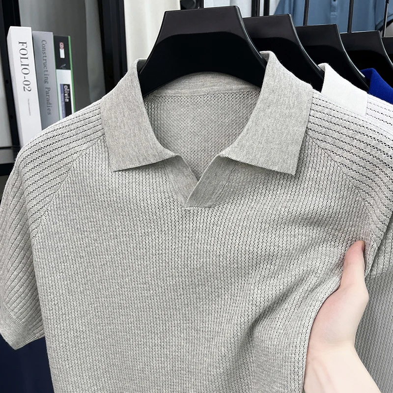 Flip Collar Seagull Collar Vintage Style Polo Shirt Men's Short Sleeved Knitted Breathable Summer Casual Versatile Top