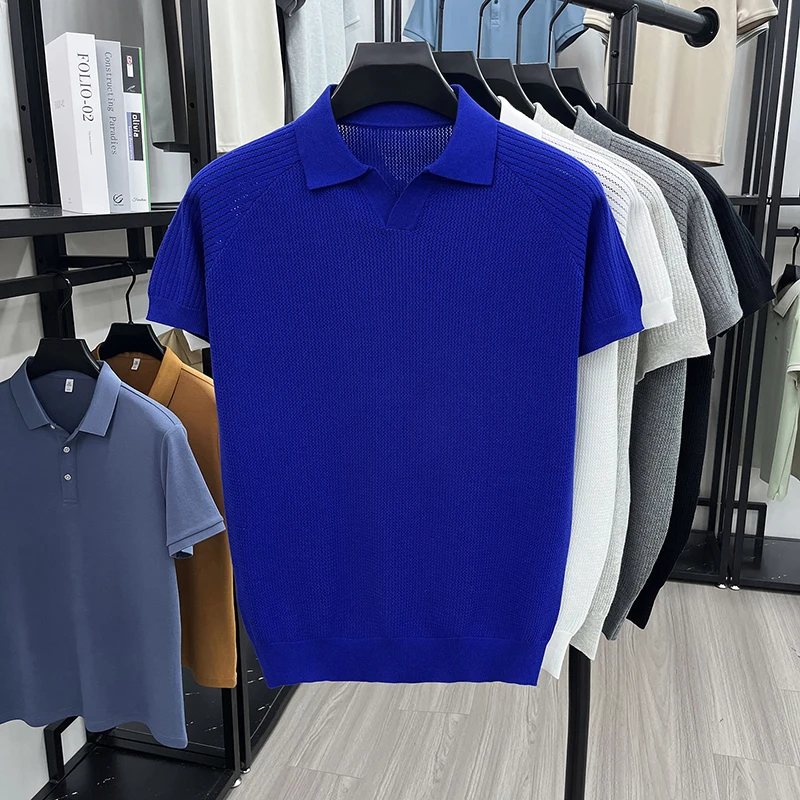 Flip Collar Seagull Collar Vintage Style Polo Shirt Men's Short Sleeved Knitted Breathable Summer Casual Versatile Top